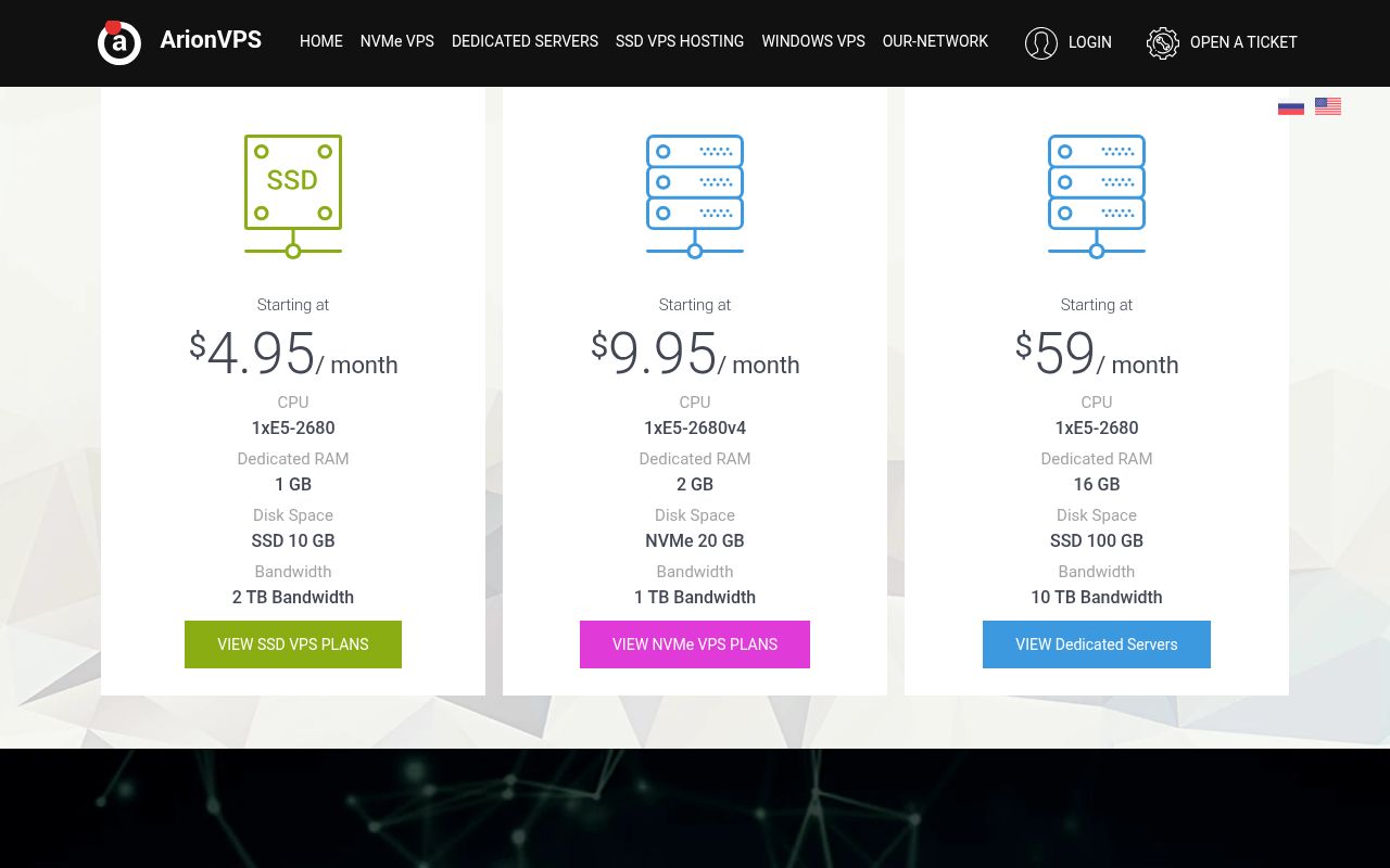 Website screenshot of ArionVPS