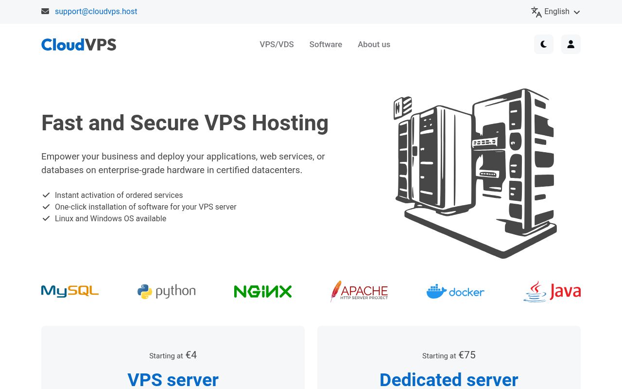 Website screenshot of CloudVPS