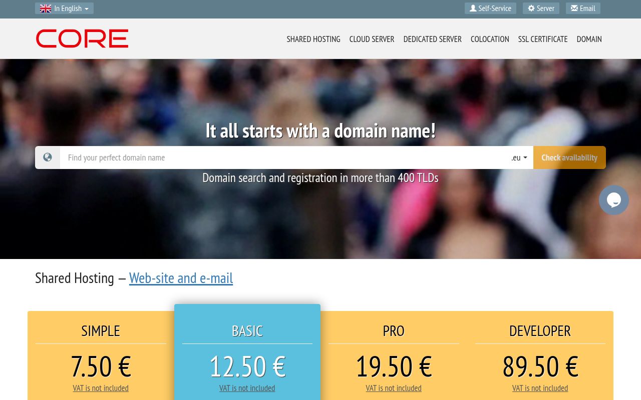 Website screenshot of Core Solutions