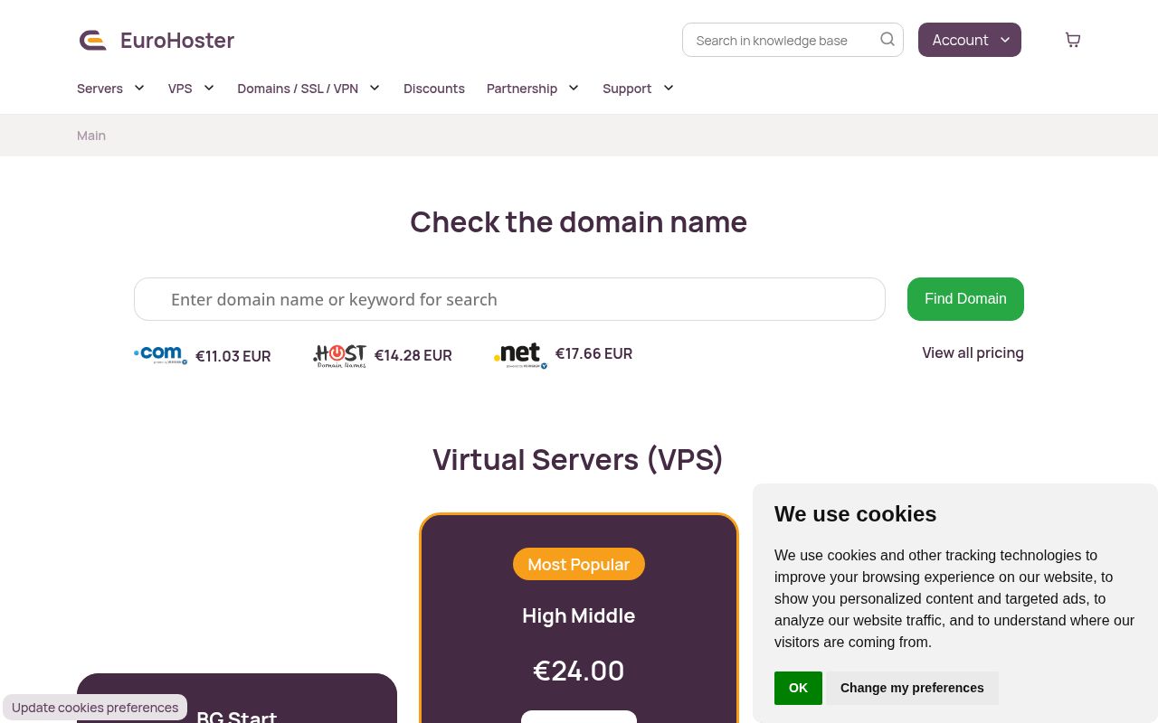 Website screenshot of EuroHoster
