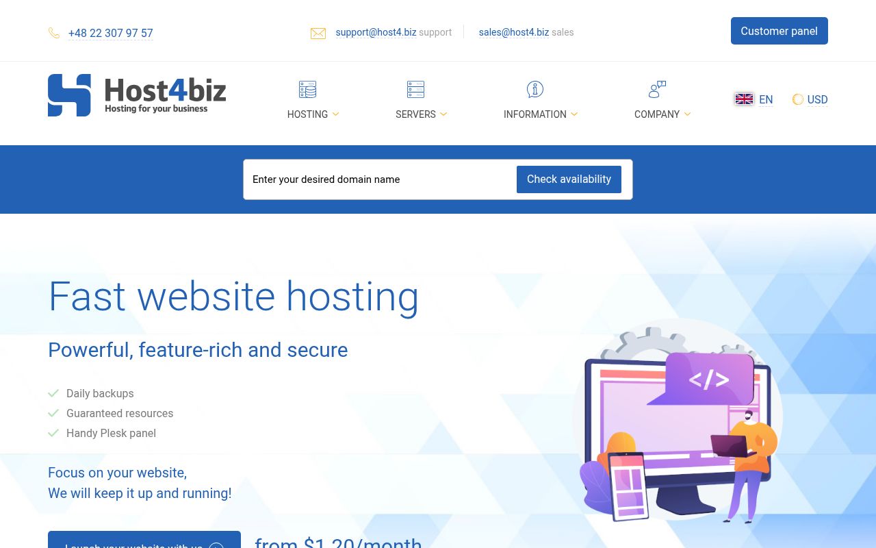 Website screenshot of Host4biz