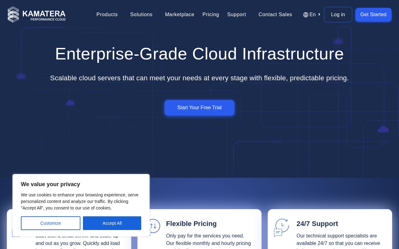 Website screenshot of Kamatera