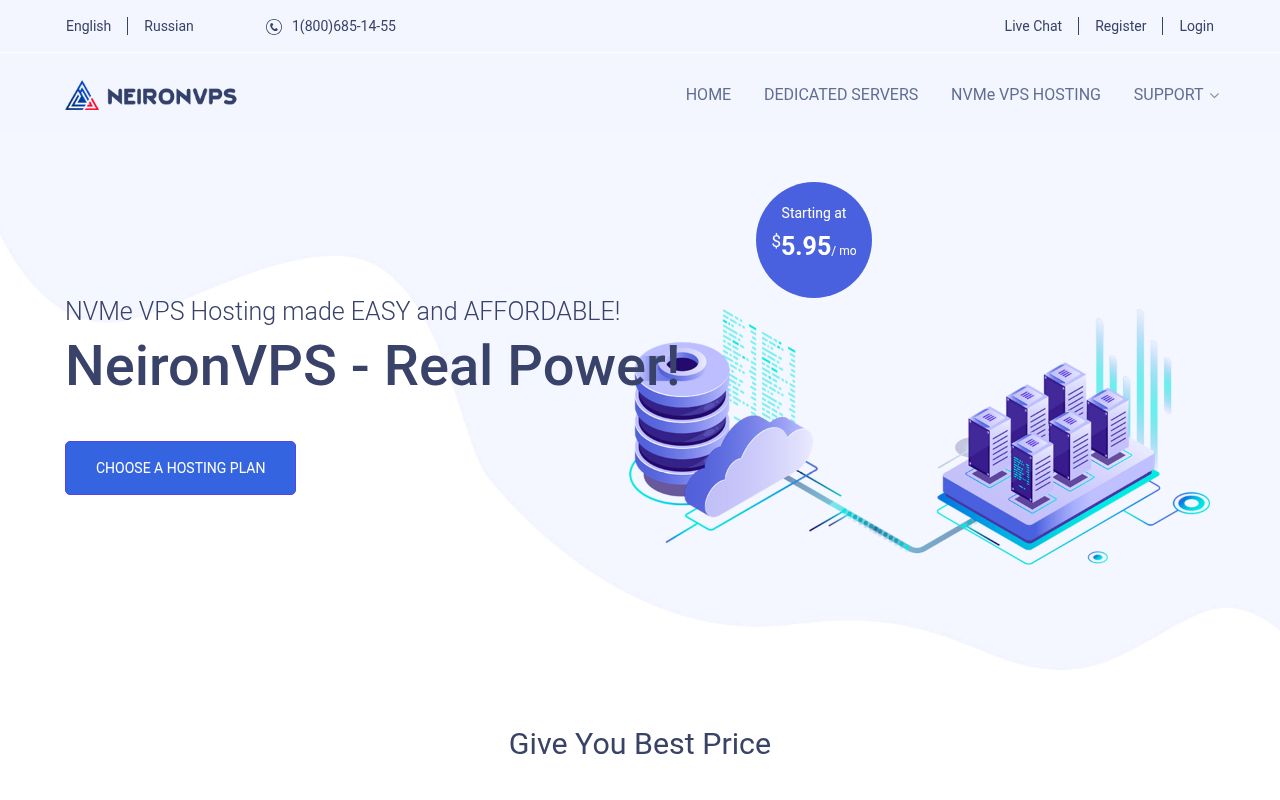 Website screenshot of Neiron VPS