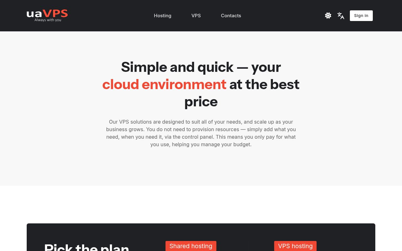 Website screenshot of uaVPS