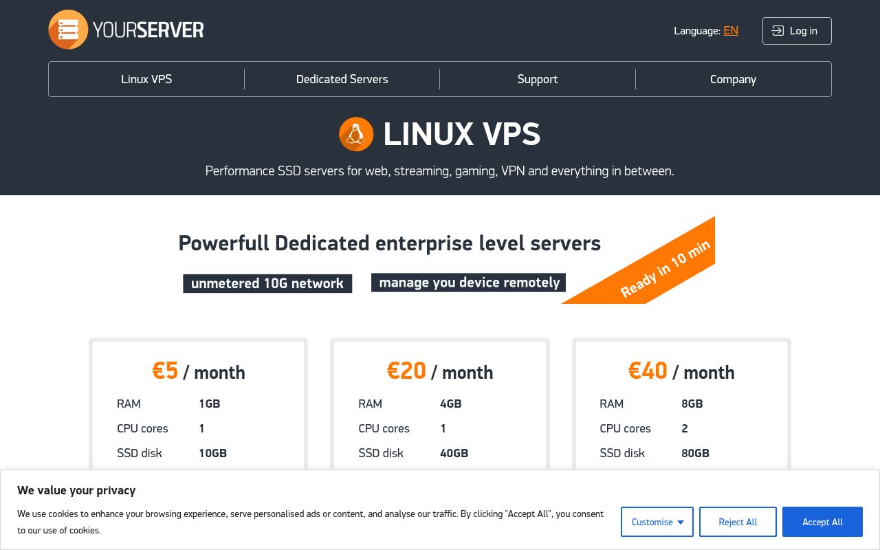 Website screenshot of YOURSERVER