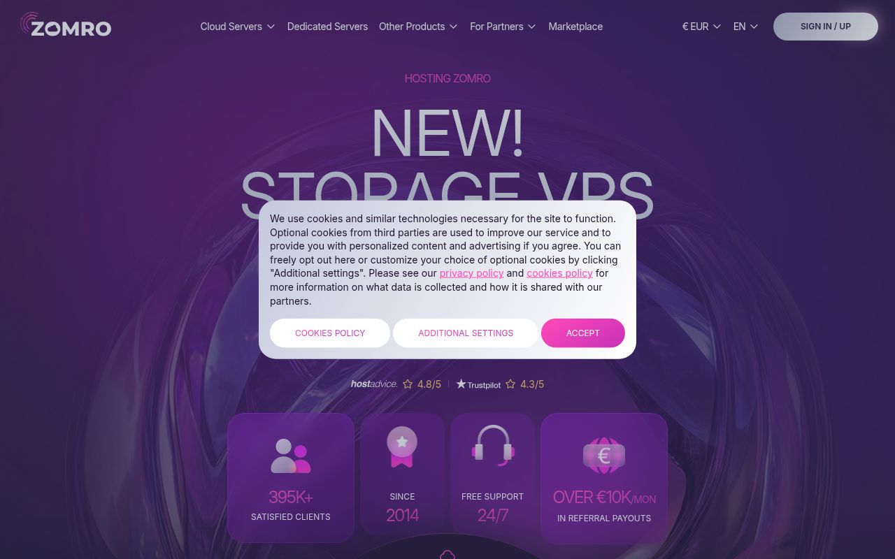 Website screenshot of Zomro